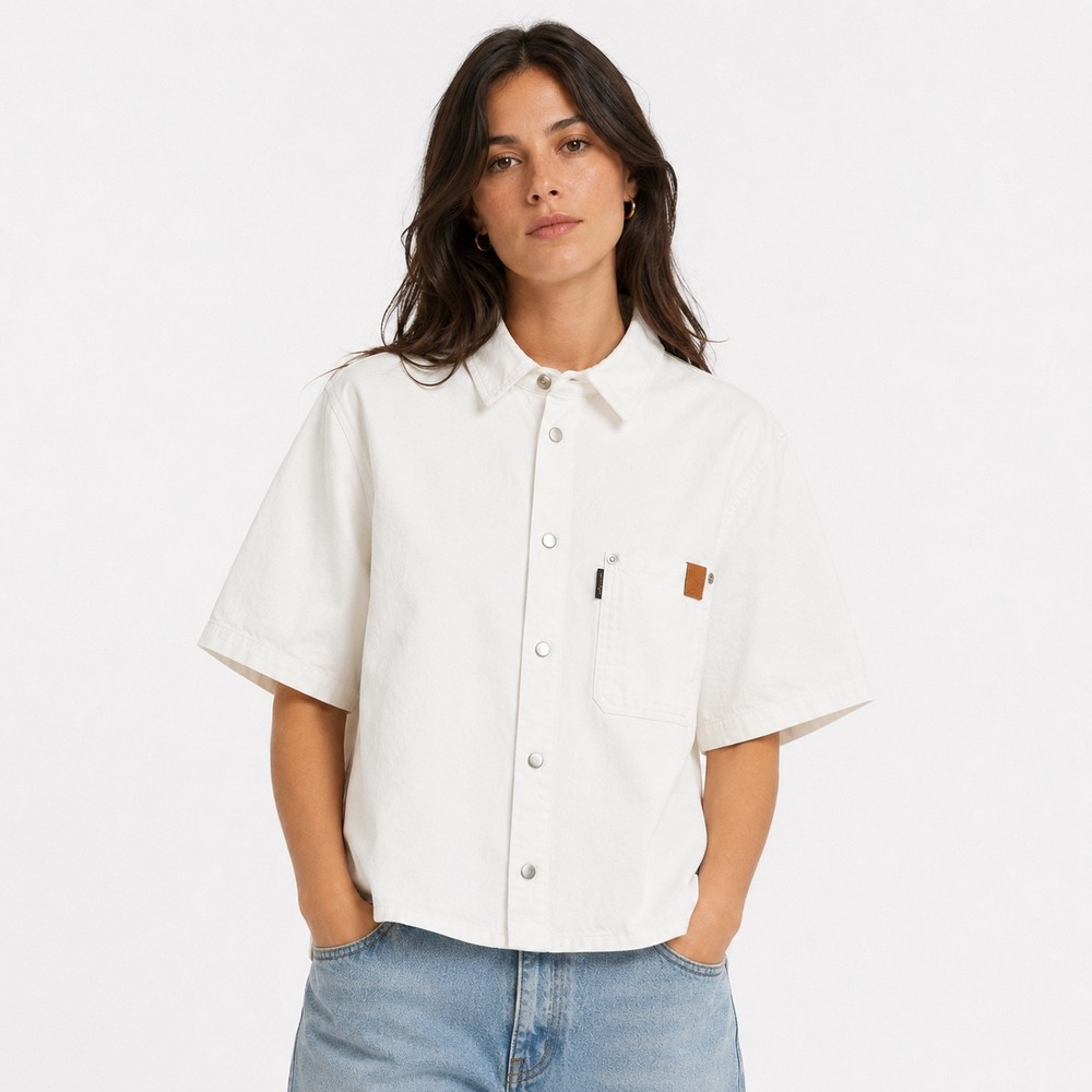 Haikure Twill Shirt Womens Medium White Boxy Utility Short Sleeve Made in Italy